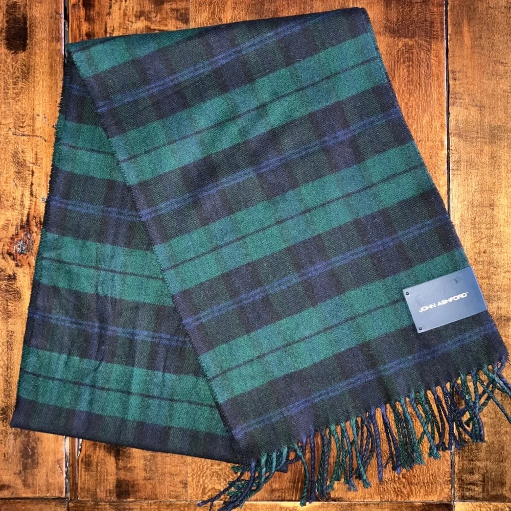 John Ashford Plaid Green Blue Black Fringe Mens Scarf NWT